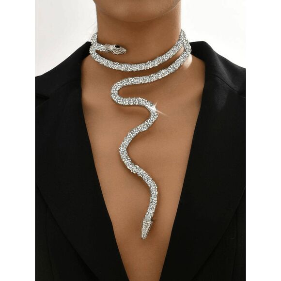 ✨💎🐍 Snake Rhinestone Bendable Design Blingy Statement Open Choker Necklace NEW - Picture 1 of 16